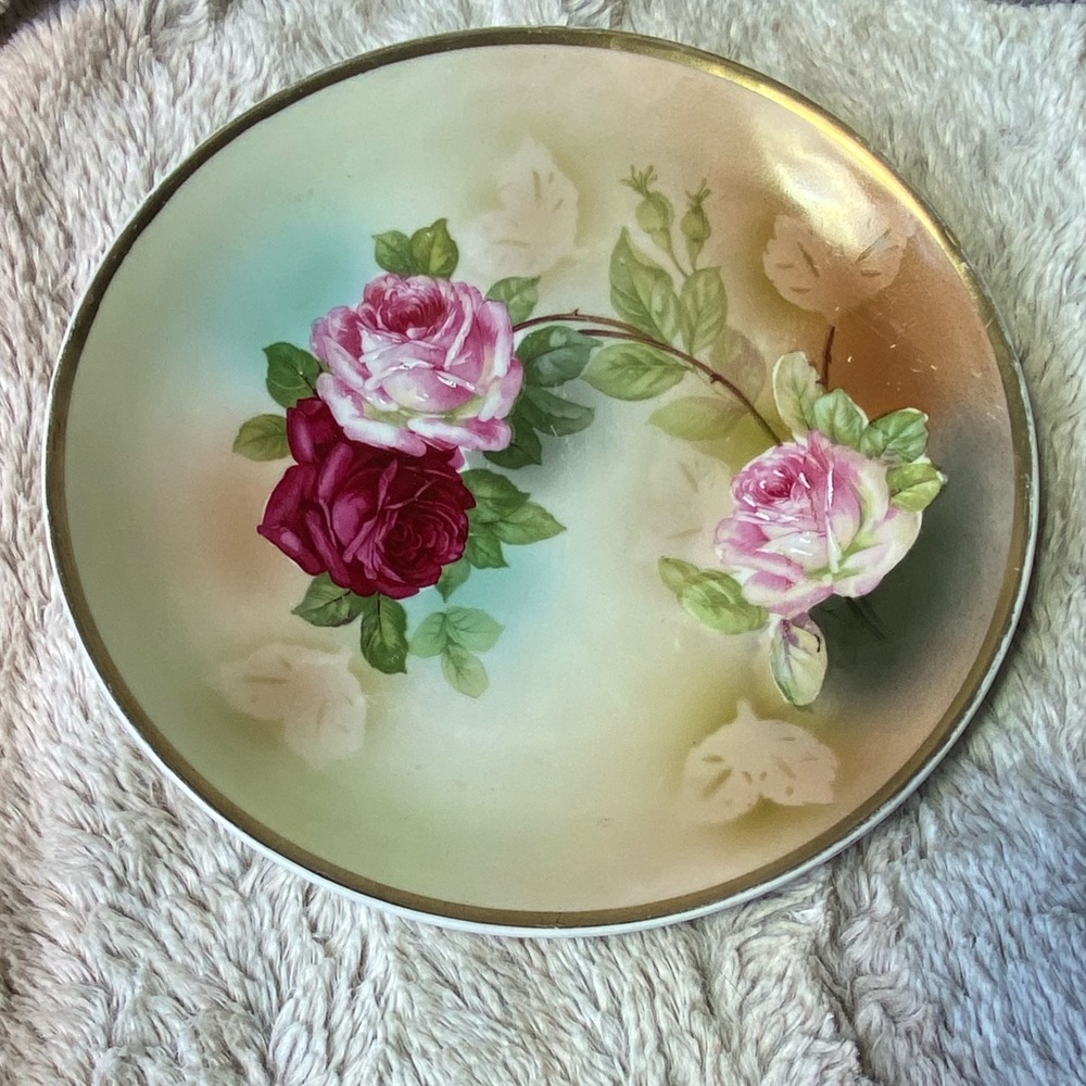 Antique German Hand-painted Gold Gilt Red Pink Rose Flower Decorative Plate - Picture 3 of 6